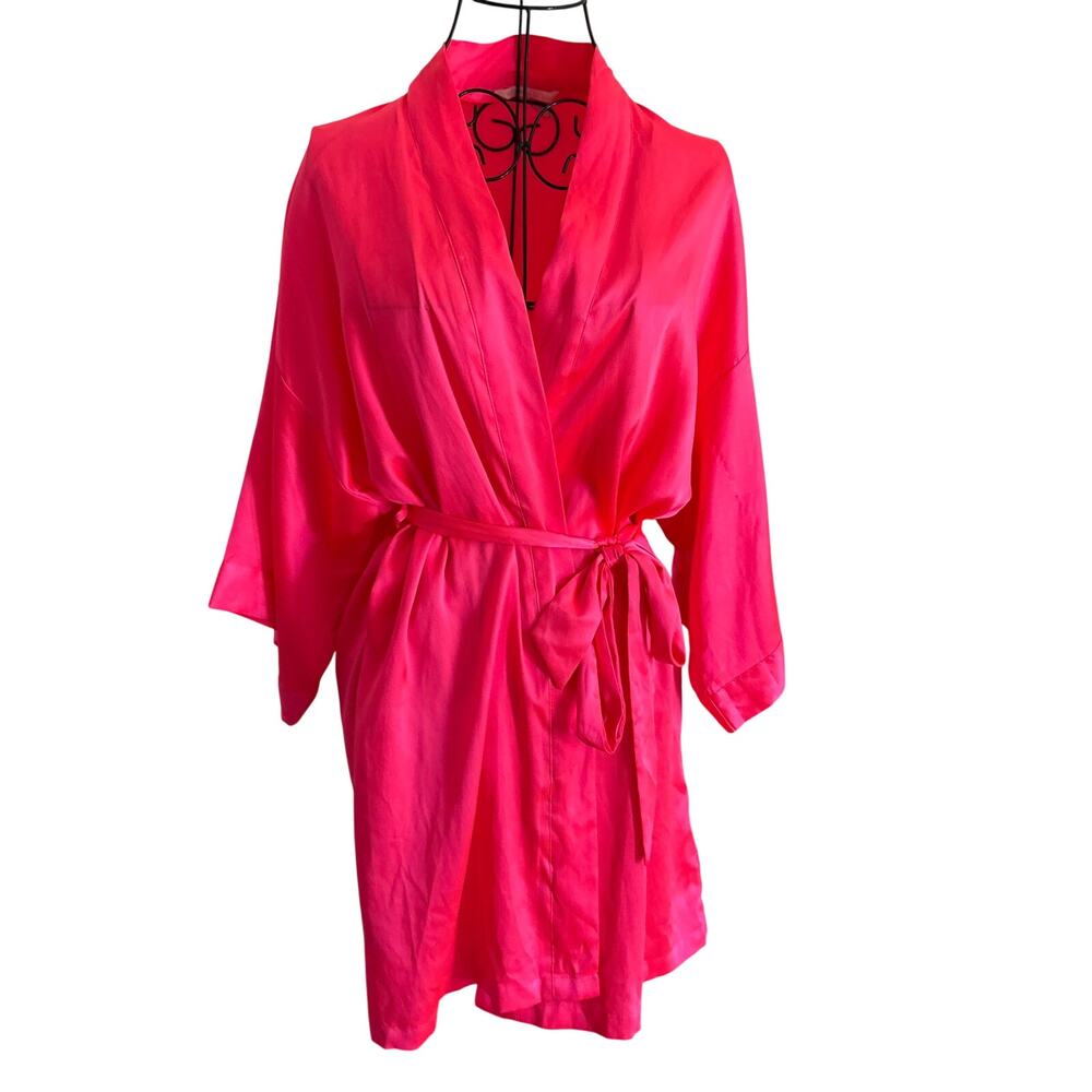 Victorias Secret Hot Neon Pink Silky Satin Wrap Kimono Robe Short Barbie Glam